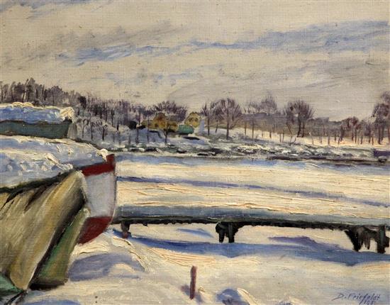 D. Friefeldt Winter lake under snow, Stockholm, 13.5 x 17in.